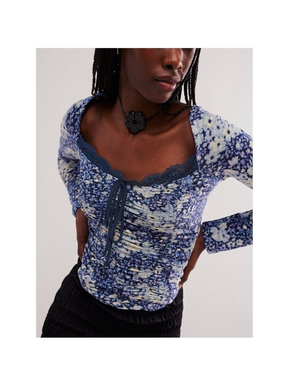 Free People Blue Puff Sleeve Smocked Blouse